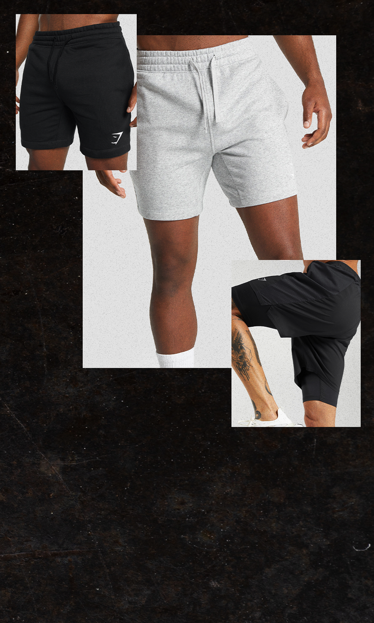 Collage of mens shorts on a black background. 